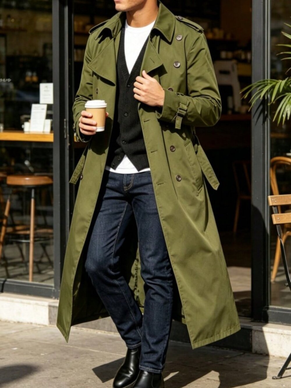 Army Green Casual Men's Double Button Pocket Button Front Long Trench Coat